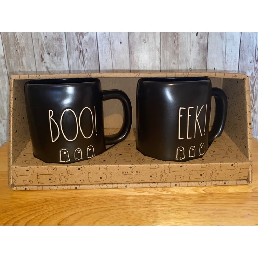 Rae Dunn Fall Halloween Black Eek and Boo Ghost Coffee Tea Mug Cup Set